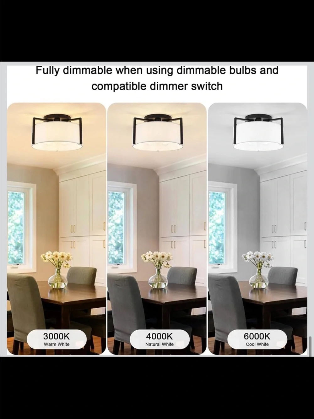 3-Light Semi Flush Mount Ceiling Light - Modern Black Drum Fixture - New in Box